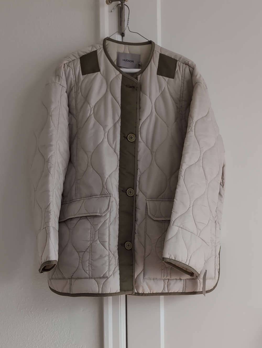 Hudson Jeans Cream Quilted Jacket with Olive Green Trim